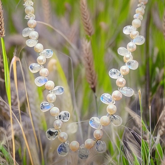 Hand Made Moonstone Pearl Statement Necklace - Picture 4 of 13